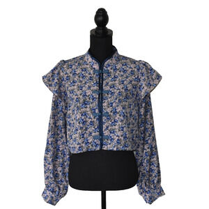 A5 Auth JOUETIE Pink Floral Print Shoulder Frill Long Sleeve Short Blouse Size M